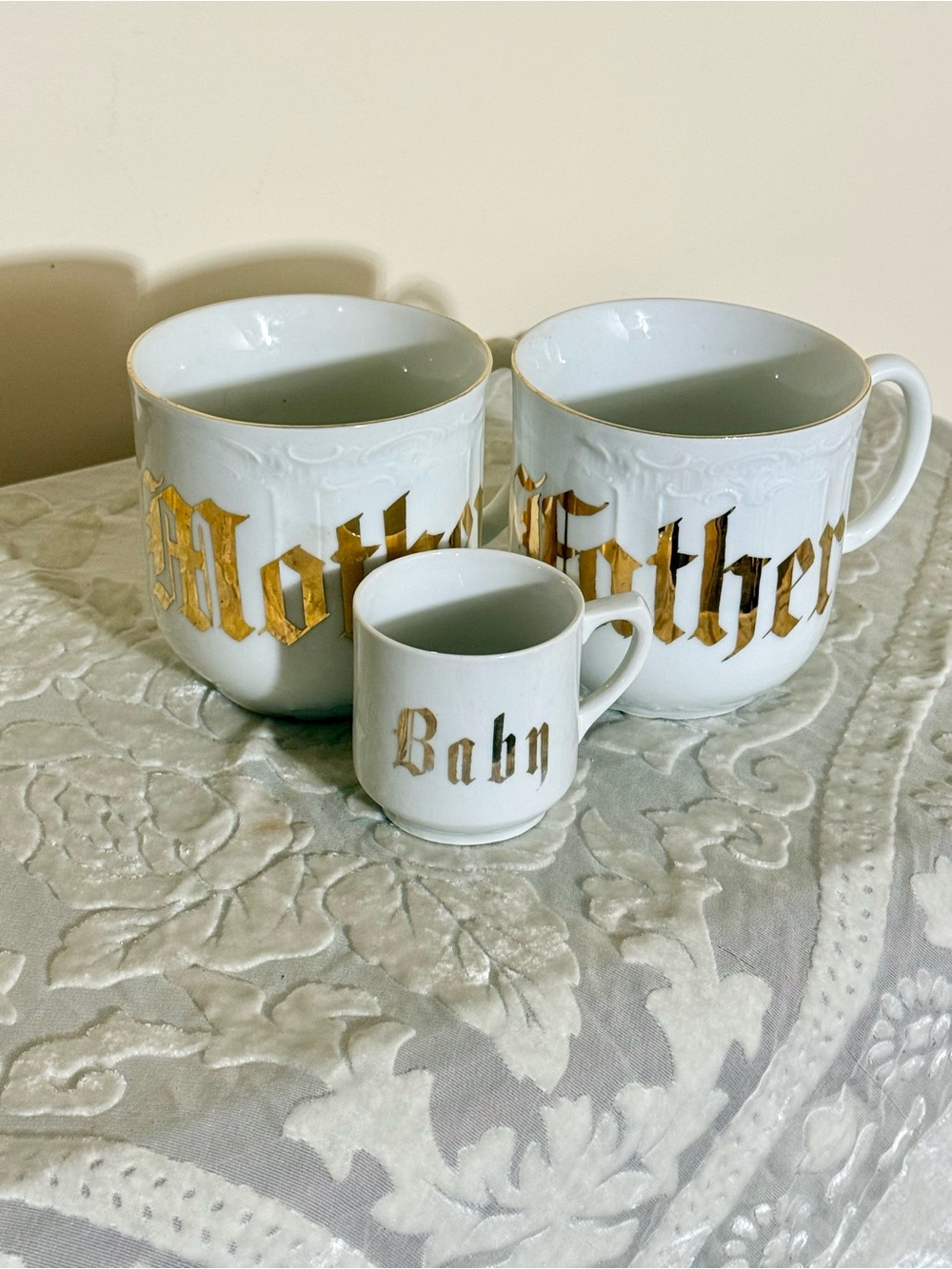 German VintageWhite and Gold 'Mother, Father, Baby' Heirloom  Porcelain Mug Set